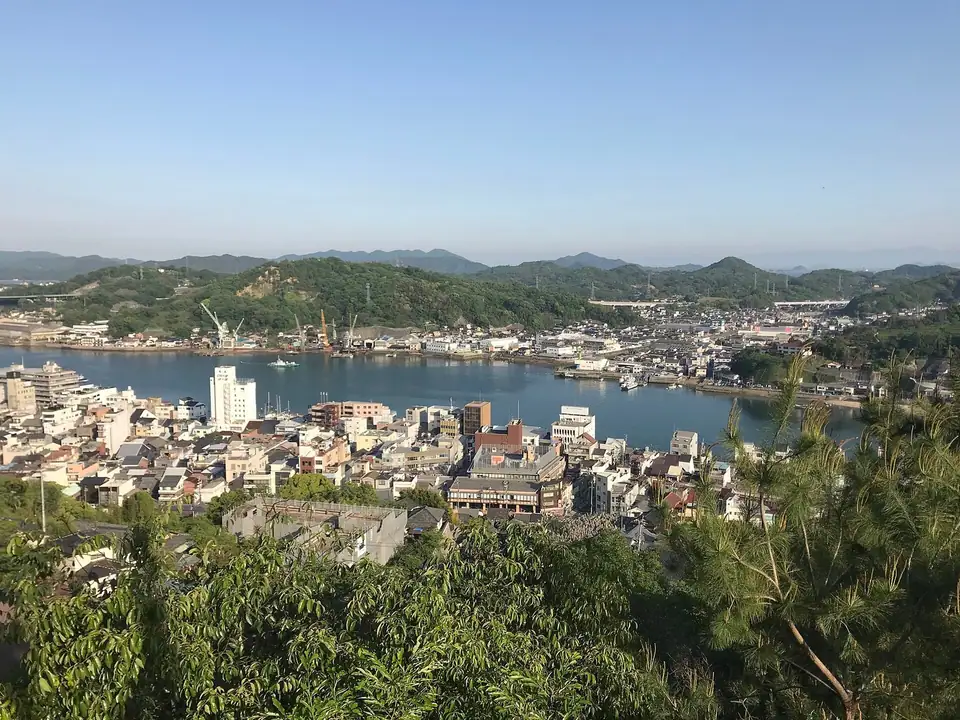 The Onomichi channel and Mukaishima from Senkoji Park, Onomichi, Hiroshima