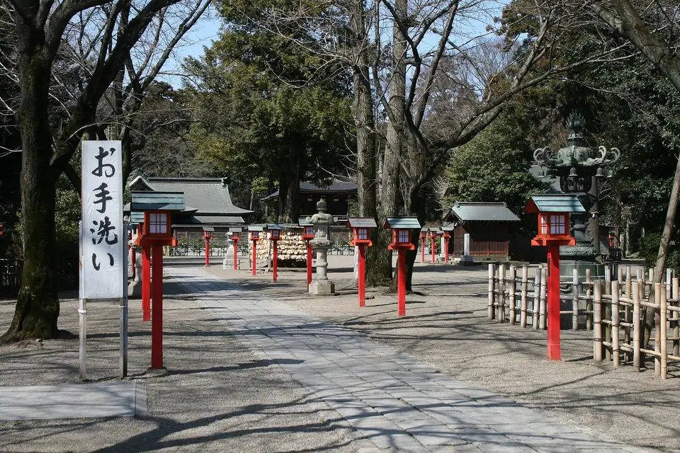 Red lanterns along the approach inside Washinomiya Shrine, Kuki, Saitama