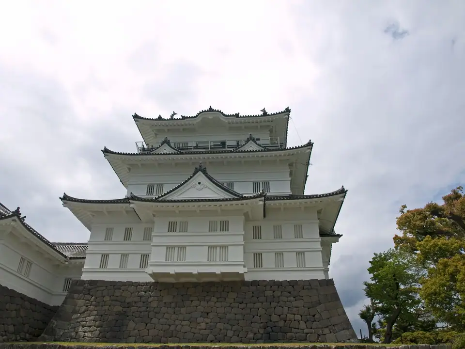 Odawara Castle's reconstructed white keep rising above its stone base, Kanagawa, Kanagawa