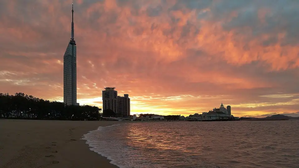 Fukuoka Tower above Seaside Momochi at sunset, Fukuoka, Fukuoka