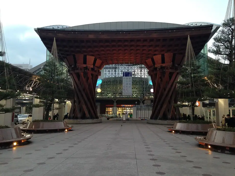 The Tsuzumi Gate in front of Kanazawa Station at dusk, Hokuriku